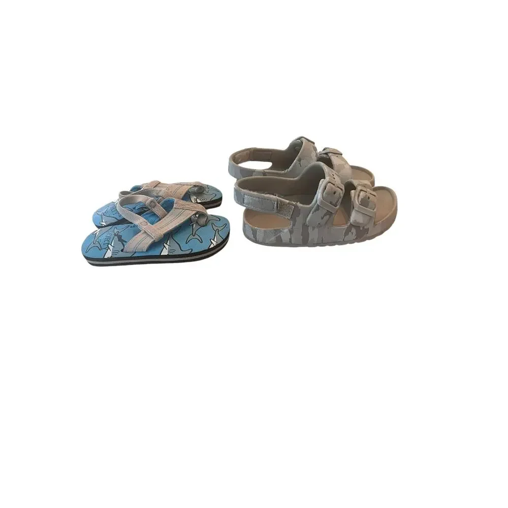 Cat & Jack 7/8 / Norty 7 Boy's Blue Gray Playground School Sandal Bundle
